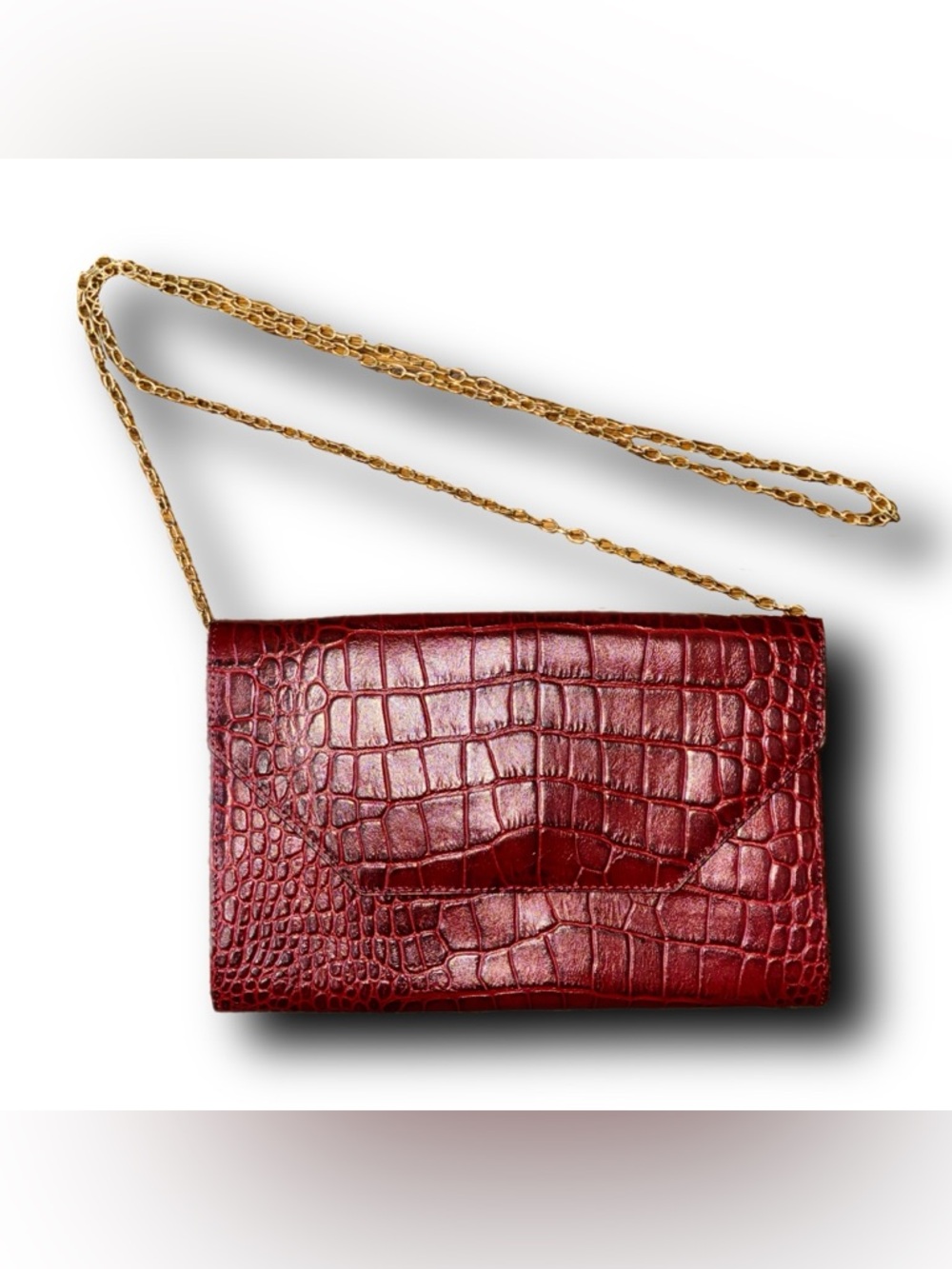 Halogen Red Croc-Embossed Faux Leather Chain Shoulder Bag with Gold Chain Strap